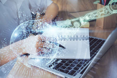 Multi exposure of womans hands on background with technology and digital coding icons. Data...