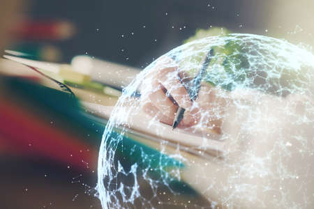 Social network theme hologram over womans hands writing background. Concept of international people...