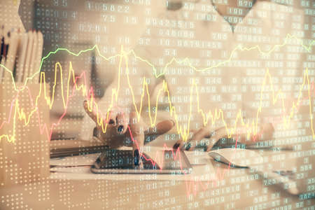 Double exposure of forex chart sketch hologram and woman holding and using a mobile device....
