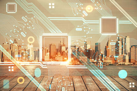 Data theme hologram drawing on city view with skyscrapers background double exposure. Technology...