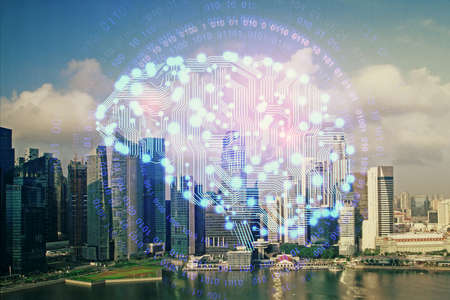 Brain hologram drawing on cityscape background multi exposure. Ai in modern city concept.の写真素材