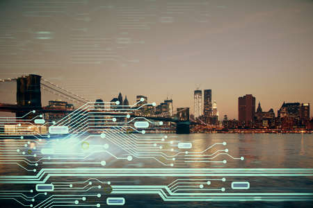 Data theme hologram drawing on city view with skyscrapers background multi exposure. Ai concept.の写真素材