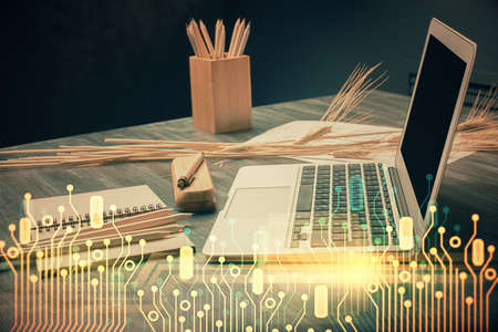 Multi exposure of table with computer on background and data theme drawing. Concept of innovation.