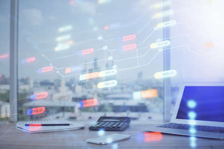 Double exposure of desktop computer and technology theme hologram. Concept of software development.