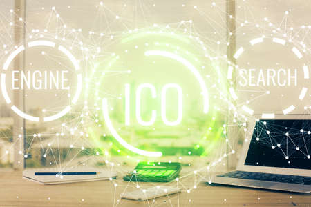 Double exposure of blockchain theme hologram and table with computer background. Concept of bitcoin...
