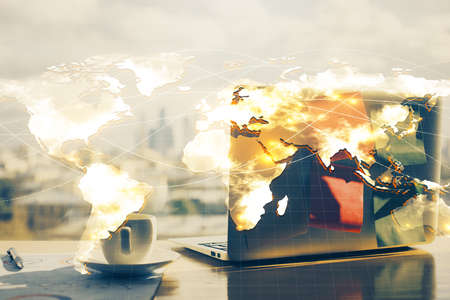 Multi exposure of business theme icons and work space with computer background. Concept of success.