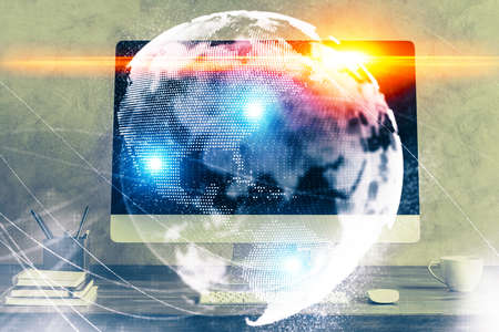 Multi exposure of business theme icons and work space with computer background. Concept of success.の写真素材