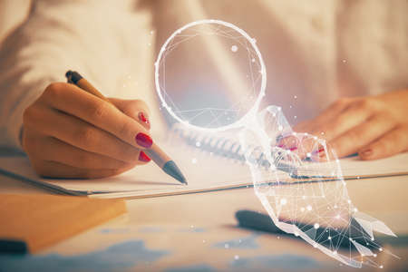 Start up creative drawing over close up hands in notepad background. Concept of brainstorming. Double exposureの写真素材