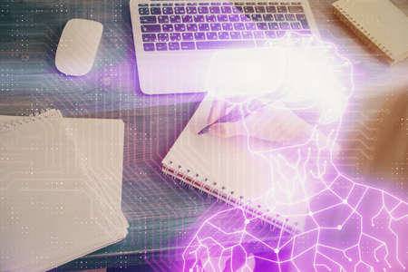AR hologram over womans hands taking notes background. Concept of augmented reality. Multi exposure