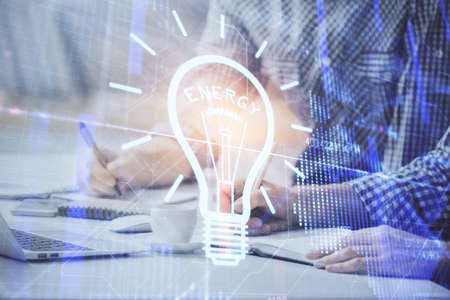 Growing arrows with businessman working on computer on background. Success concept. Double exposure.の写真素材