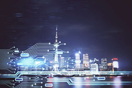 Data theme hologram drawing on city view with skyscrapers background multi exposure. Ai concept.の写真素材