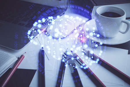 Double exposure of desktop computer and human brain drawing hologram. Ai concept.の写真素材