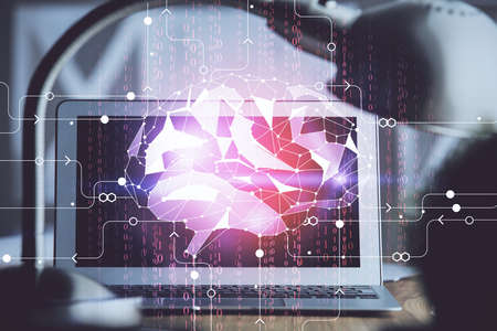 Double exposure of desktop computer and human brain drawing hologram. Ai concept.の写真素材