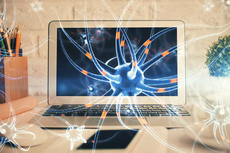 Desktop computer background and neuron drawing. Double exposure. Education concept.