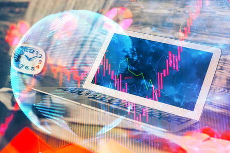 Multi exposure of business theme icons and work space with computer background. Concept of success.