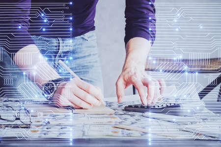 Close up of human hands and abstract innovative technologies for industries. Double exposure.