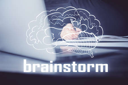 Creative start up concept hologram multi exposure with human hand background.