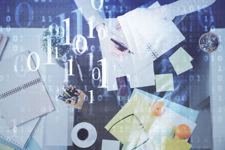 Double exposure of writing hand on background with data solution technology hologram. Ai concept.の写真素材