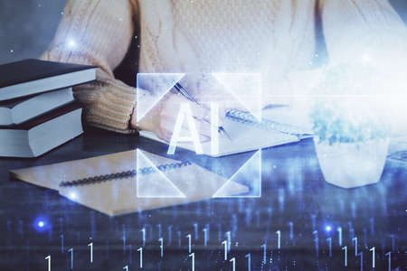 Double exposure of writing hands on background with data solution hologram on front. Technology...