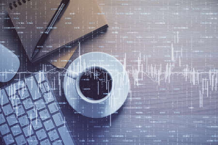 Multi exposure of forex chart drawing and work table top view. Concept of financial analysis.