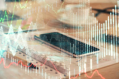 Double exposure of forex chart drawing and cell phone background. Concept of financial data analysis