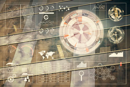 Data theme hologram drawing on city view with skyscrapers background multi exposure. Bigdata...