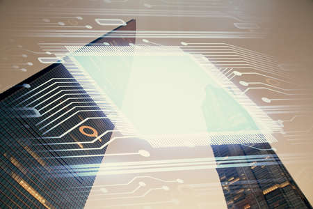 Data theme hologram drawing on city view with skyscrapers background double exposure. Ai concept.