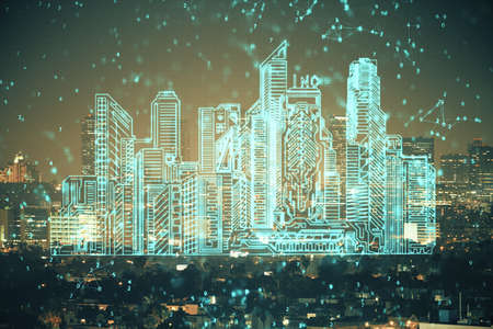 Double exposure of buildings hologram over cityscape background. Concept of smart city.の写真素材