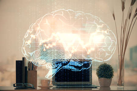 Double exposure of desktop with computer and brain drawing hologram. Artificial intelligence...