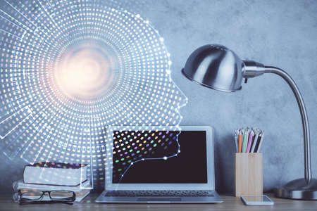 Double exposure of desktop computer and human brain drawing hologram. Ai concept.の写真素材