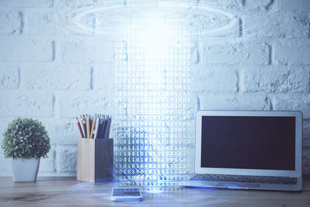 Double exposure of desktop with personal computer on background and tech theme drawing. Concept of data analysis.の写真素材