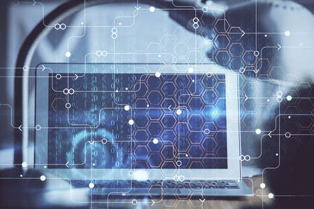 Double exposure of desktop with personal computer on background and tech theme drawing. Concept of...