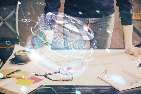 Mans hands with data theme multi exposure drawings. Network and data concept.