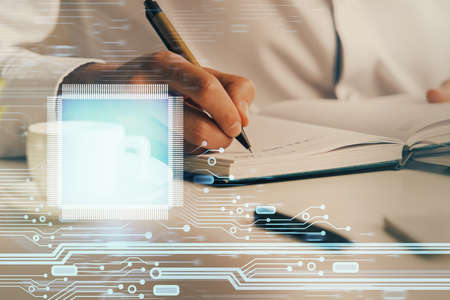 Humans hands with data theme multi exposure background drawings. Concept of innovation.