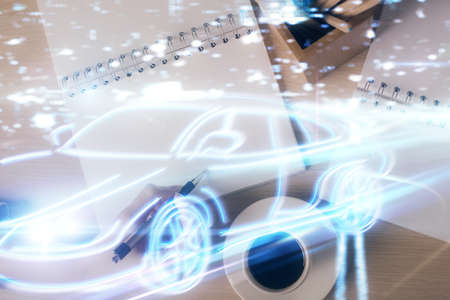 Tech autopilot theme hologram over womans hands taking notes background. Concept of hightech. Double exposureの写真素材