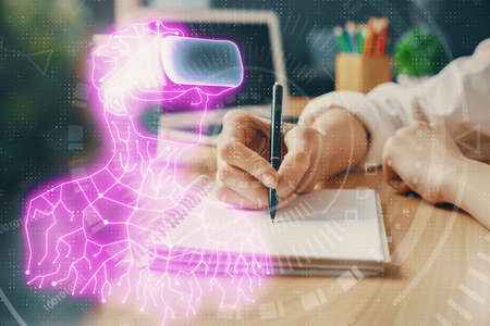 AR hologram over womans hands taking notes background. Concept of augmented reality. Multi exposure