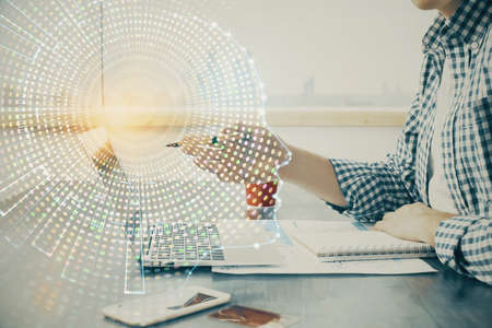 Man typing on keyboard background with brain hologram. Concept of big Data. Double exposure.の写真素材