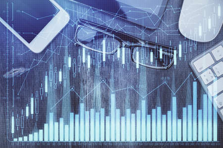 Multi exposure of forex graph hologram over desktop with phone. Top view. Mobile trade platform concept.の写真素材