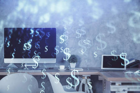Multi exposure of financial graph drawing and office interior background. Concept of market analysis.の写真素材