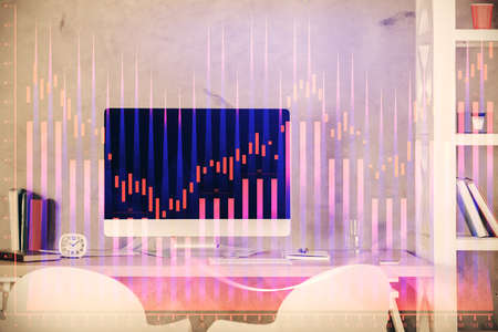 Multi exposure of stock market chart drawing and office interior background. Concept of financial...