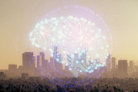 Brain hologram drawing on cityscape background multi exposure. Ai in modern city concept.