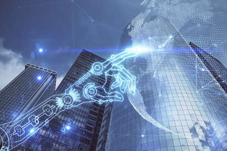 Double exposure of technology theme hologram and cityscape background. Concept of Hightech.