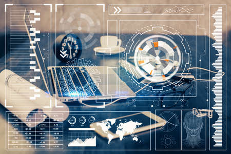 Double exposure of table with computer on background and data theme drawing. Concept of innovation.
