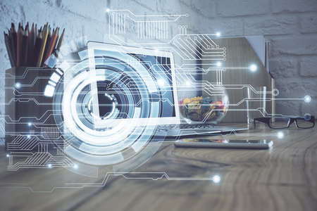Double exposure of desktop with personal computer on background and tech theme drawing. Concept of...