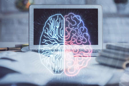 Double exposure of work space with computer and human brain drawing hologram. Brainstorm concept.の写真素材
