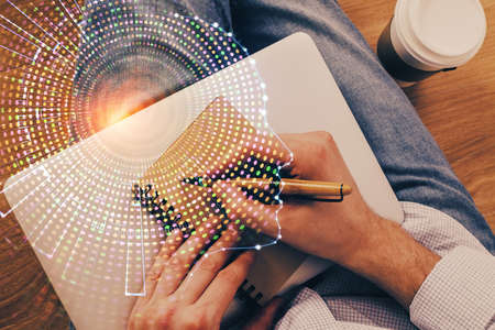 Haman brain multi exposure icon with man hands background. Concept of Ai.