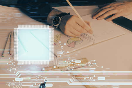 Humans hands with data theme multi exposure background drawings. Concept of innovation.