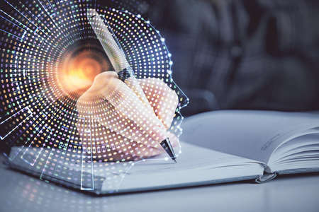 Multi exposure of womans writing hand on background with brain hologram. Concept of brainstorming.