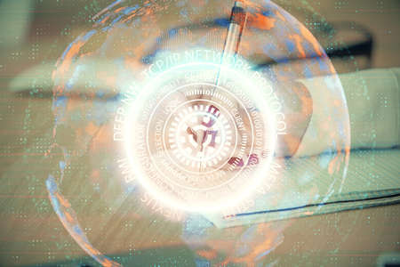 Technology theme hologram over womans hands taking notes background. Concept of Tech. Double...