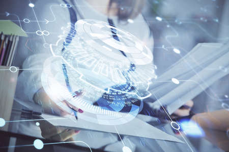 Multi exposure of womans writing hand on background with data technology hud. Big data concept.